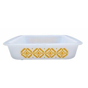 Vintage Glasbake Yellow Pixel Pattern Square Casserole 8"x8" White Glass Bakewar